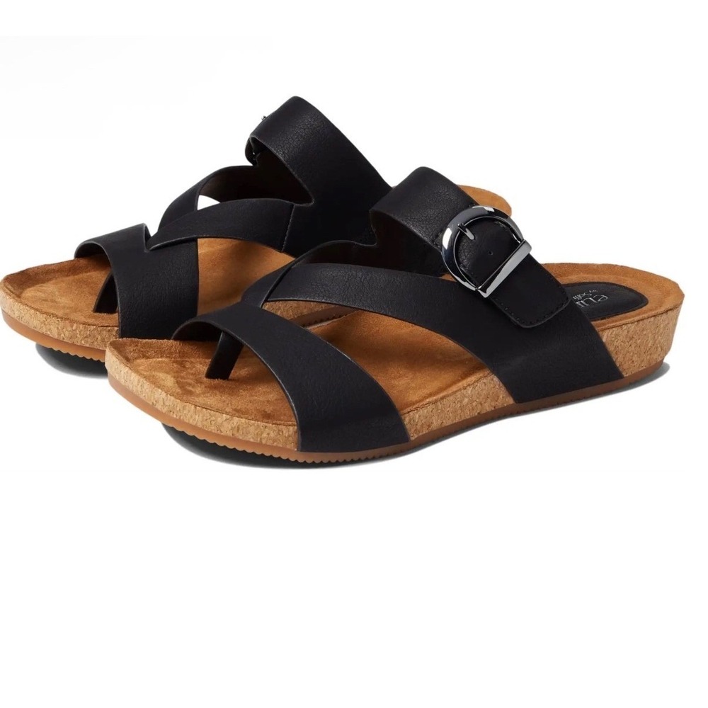 Eurosoft Gia Black Strappy Cork Wedge Sandals ES0054701 Womens 7 Wide